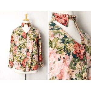 1980s Floral Blouse Size XL 80s Keyhole Neckline Rayon Blouse Collared Shirt